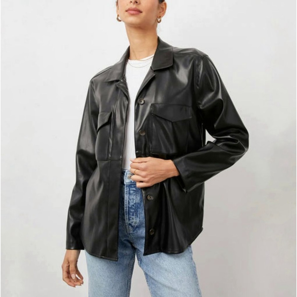Rails Xander Faux Leather Shacket Black Button Down Shirt Women's Size Large